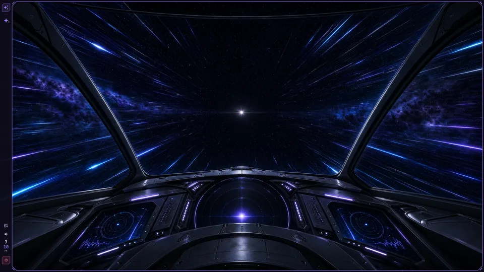 The real Starchaser Linux desktop with its slim side taskbar and starship cockpit wallpaper