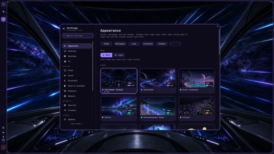 The Appearance page with theme previews and light and dark choices. Selected text masked.