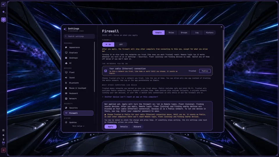 The Simple firewall page with network trust choices. Selected text masked.