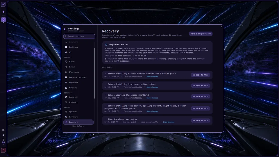 Restore points in Settings, with changes described in plain words.