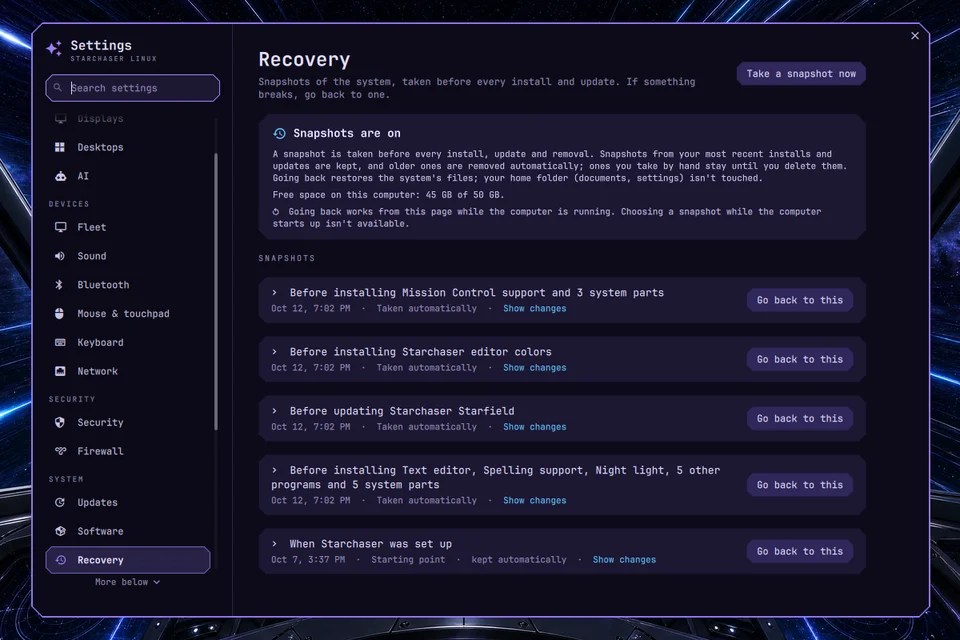 Recovery settings showing named restore points and Go back to this buttons