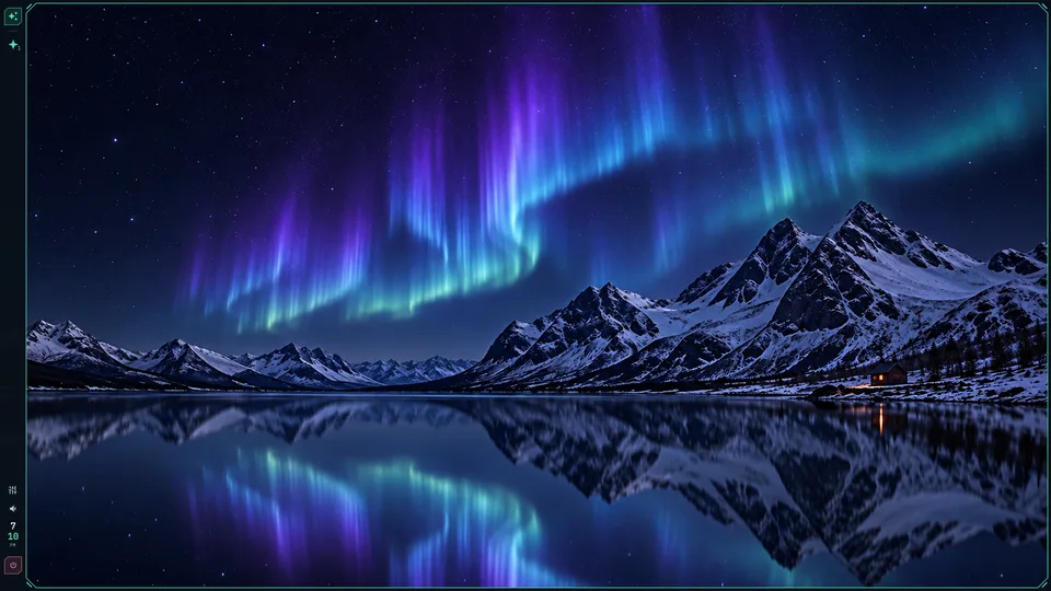 Northern lights reflected in a mountain lake in the Aurora desktop theme