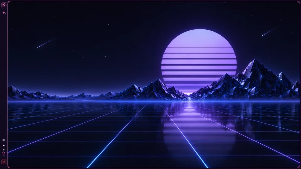 Violet sun above a neon grid and mountains in the Synthwave desktop theme