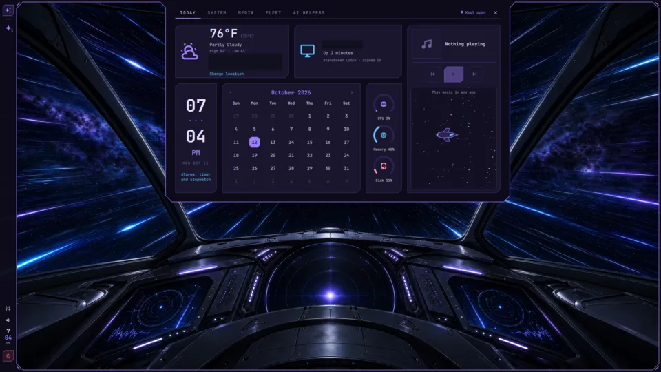 The Today panel with weather, calendar, media, and system gauges. Identifying text masked.