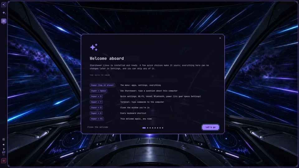 The welcome tour introduces the desktop and its shortcuts. Name and selected text masked.